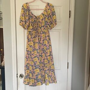Voy-Floral Yellow and Pink Midi Dress—Size Medium
